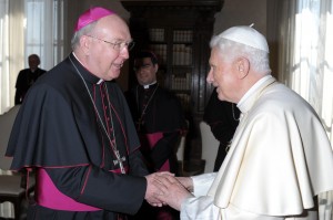 Pope Benedict greets Dallas Diocese Bishop Kevin Farrell during his visit to the Vatican